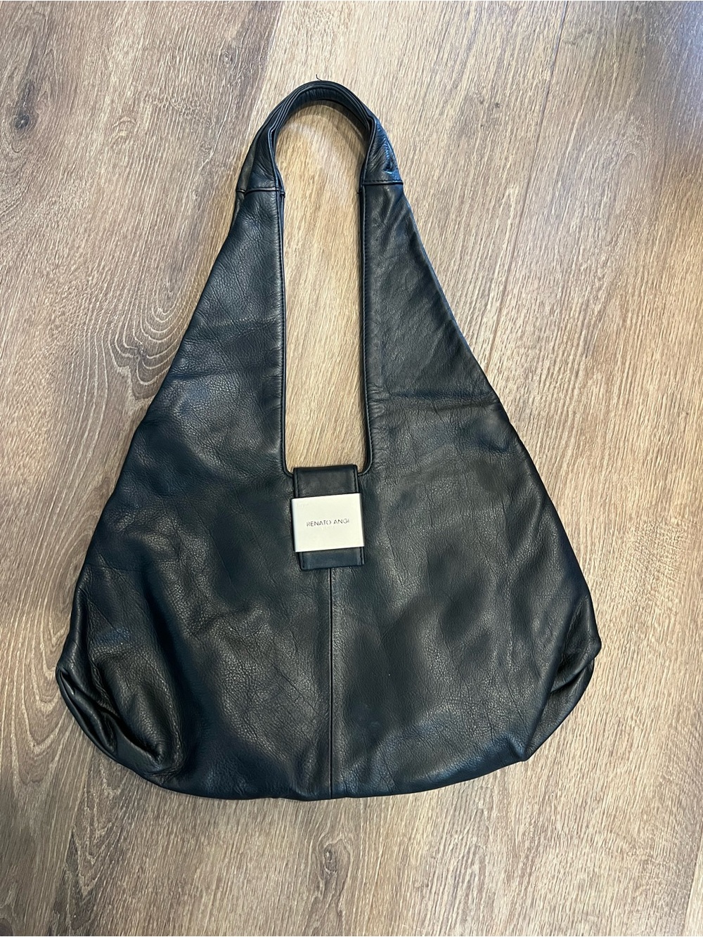 Renato Angi Black Leather Tote with Silver Logo Plate